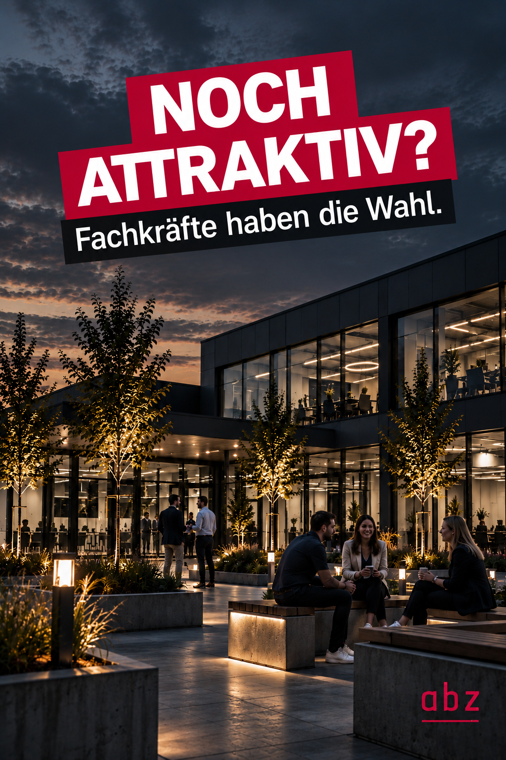 Beleuchtetes Bürogebäude am Abend mit der Botschaft: Noch attraktiv? Fachkräfte haben die Wahl.